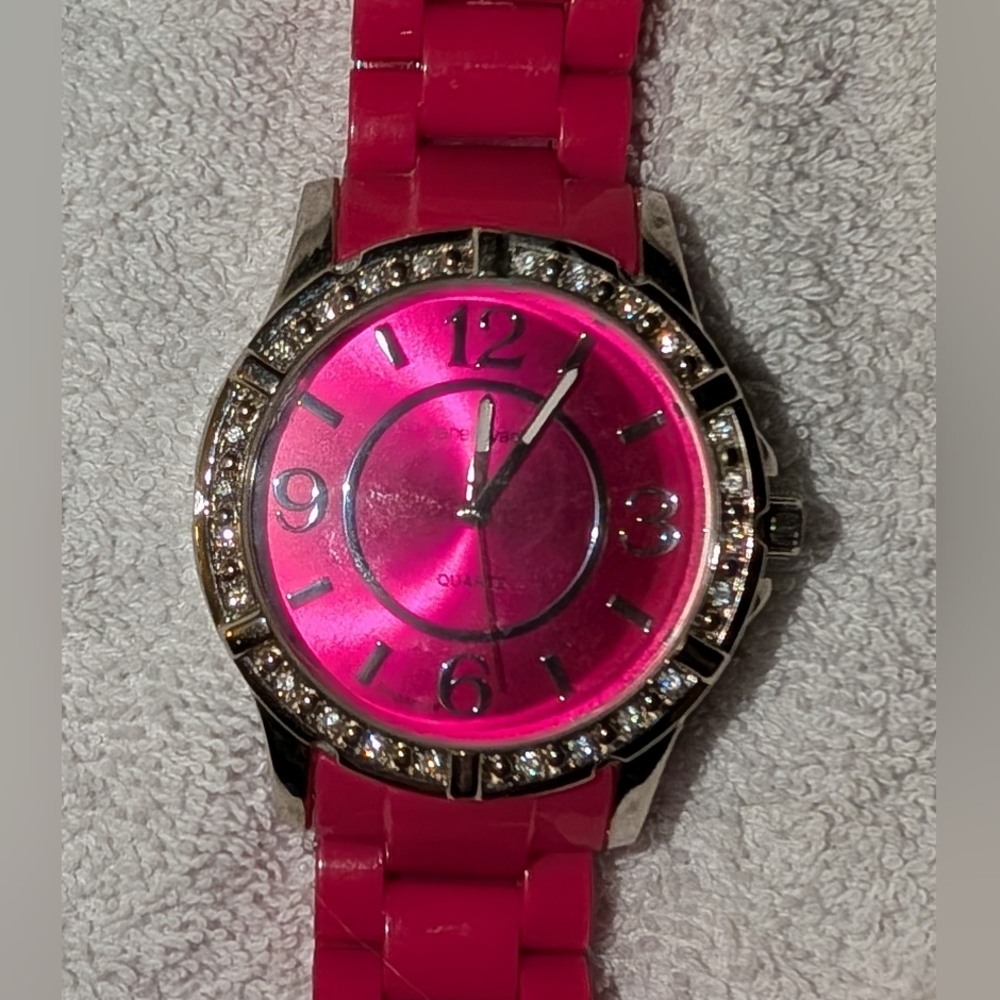 WORKING Lane Bryant Women's Quartz Watch Pink Band Rhinestone Bezel 38mm